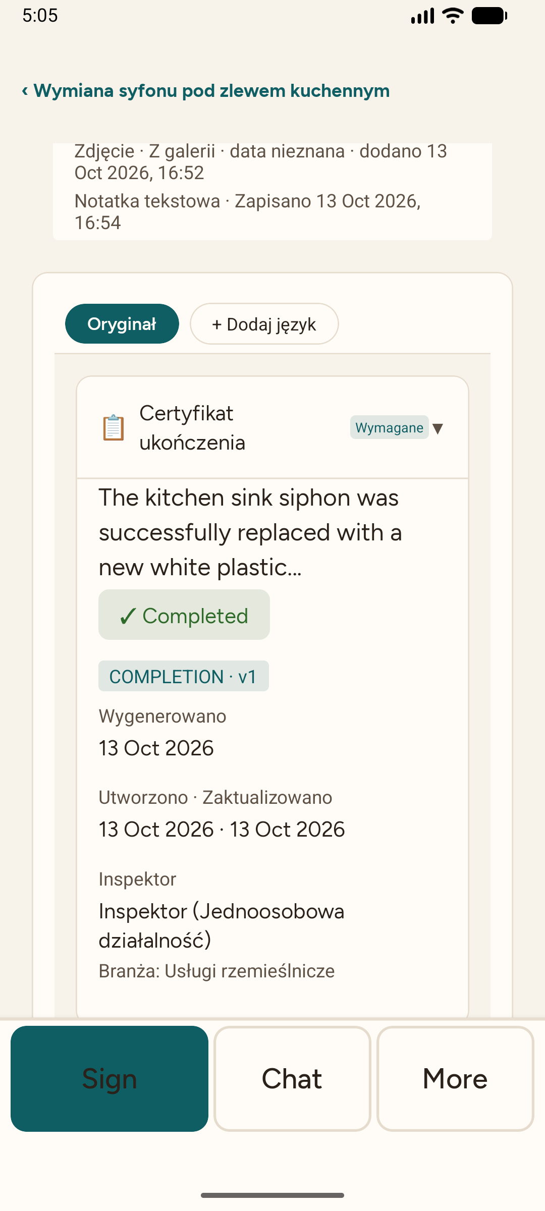 Report page — the generated report — Polish app around the English document, ready to check